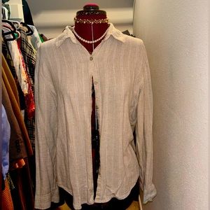 Button down long sleeve shirt with a collar. White and tan color. Brand Orvice.